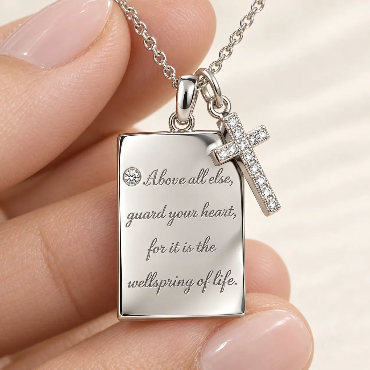Engraved handwriting necklace in silver with personalized message and cross charm