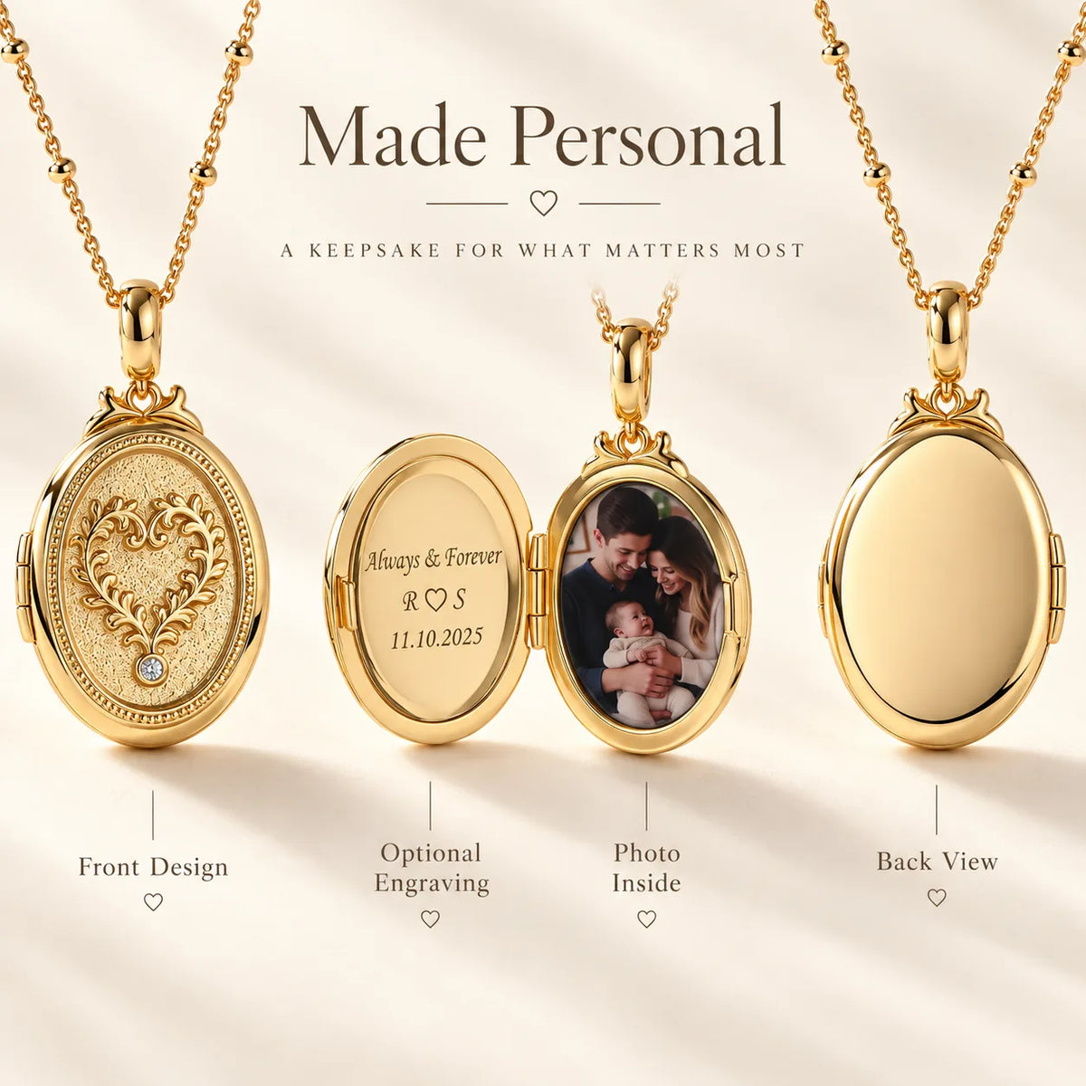 Heart photo locket necklace showing front, open, and back views