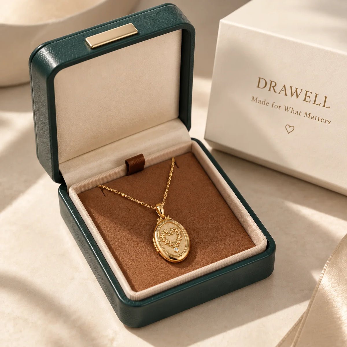 Vintage heart photo locket necklace presented in a DRAWELL jewelry gift box