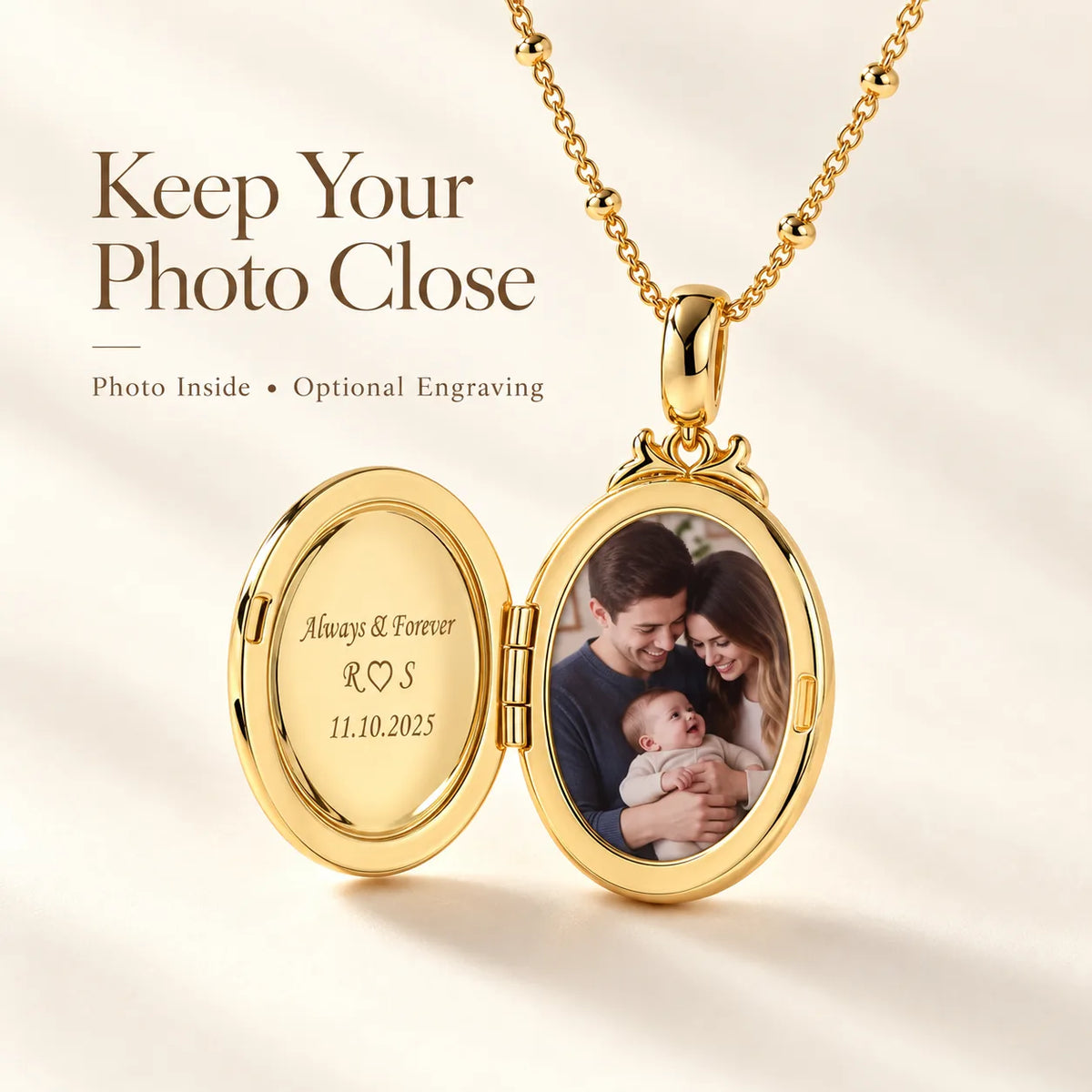 Open heart photo locket necklace showing personalized picture inside