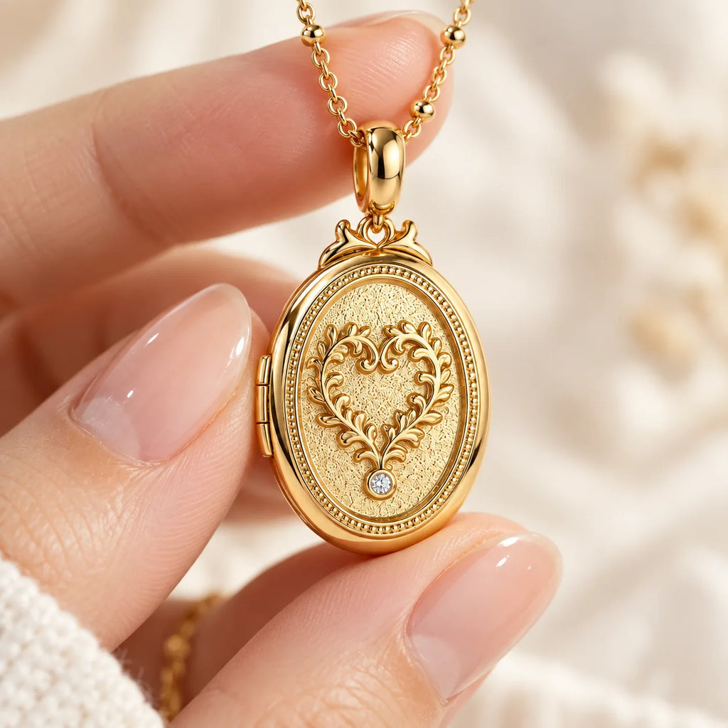 Vintage heart locket necklace engraved pendant detail