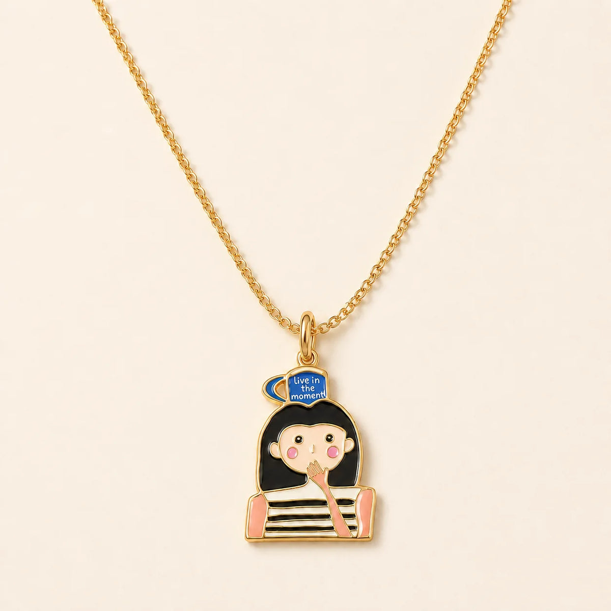 Custom enamel DRAWELL necklace in gold finish, front view