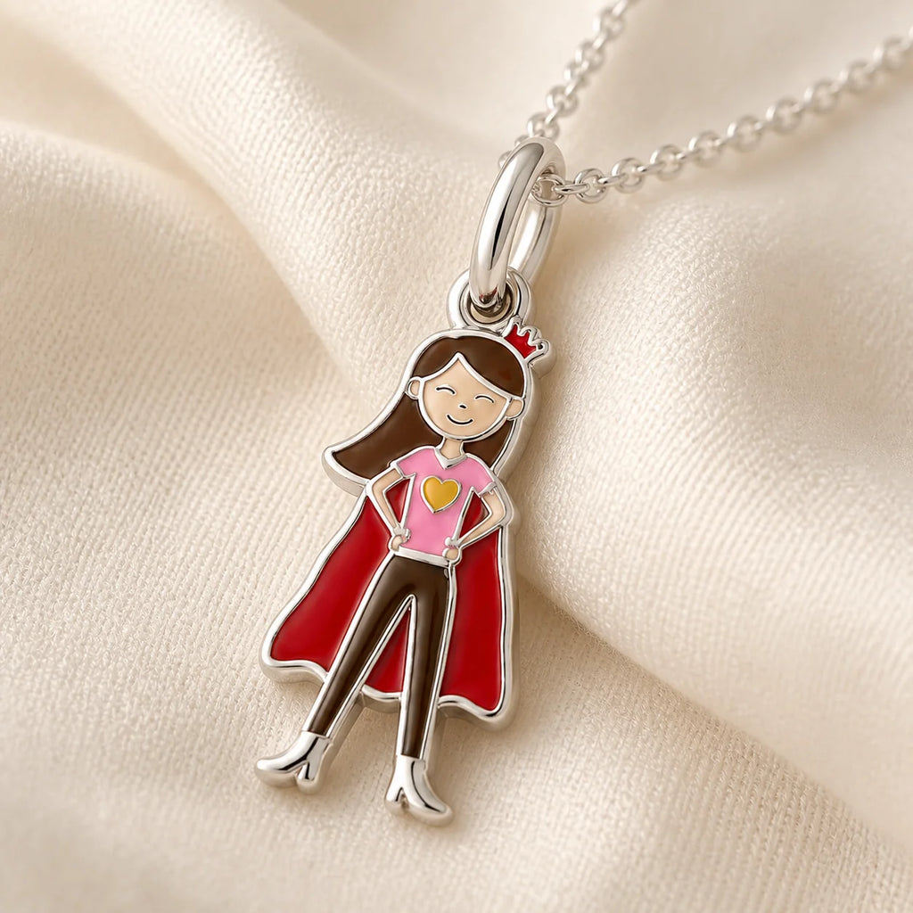 Close-up detail of a custom enamel DRAWELL necklace in silver finish