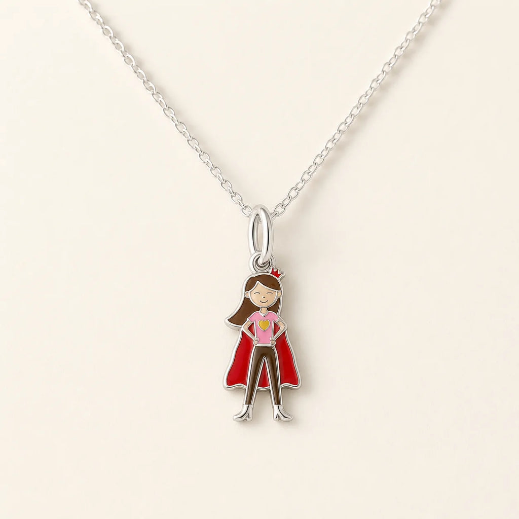 Custom enamel DRAWELL necklace in silver finish, front view